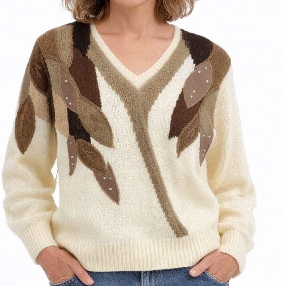 Vtg 80's Liz Thomas Funky Shoulder Padded Acrylic Sweater V Neck Large Pullover